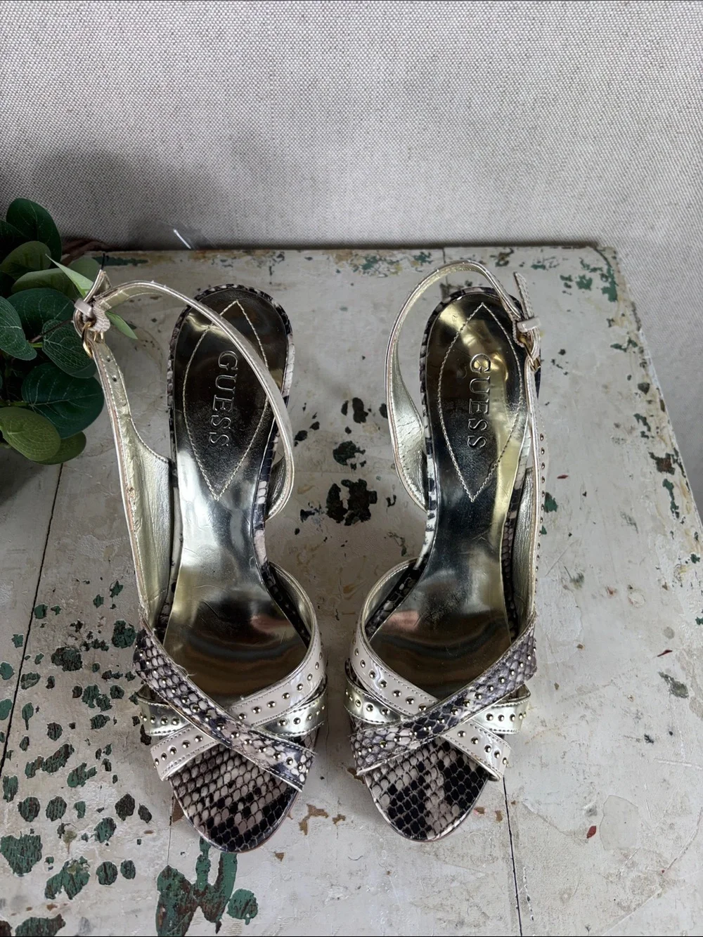 GUESS > Metallic Gold Slingback Heels with Snakeskin Accent 8